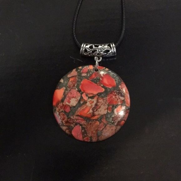 M Orange Grey Jasper Pyrite Pendant on Waxed Necklace w/ Lobster Claw Clasp - Picture 6 of 9